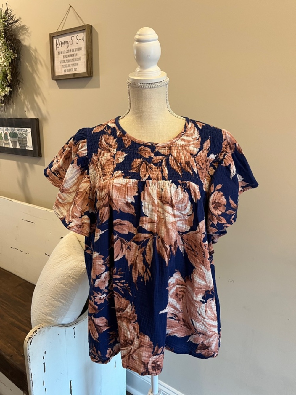 LuLaRoe Navy and Peach Floral Blouse